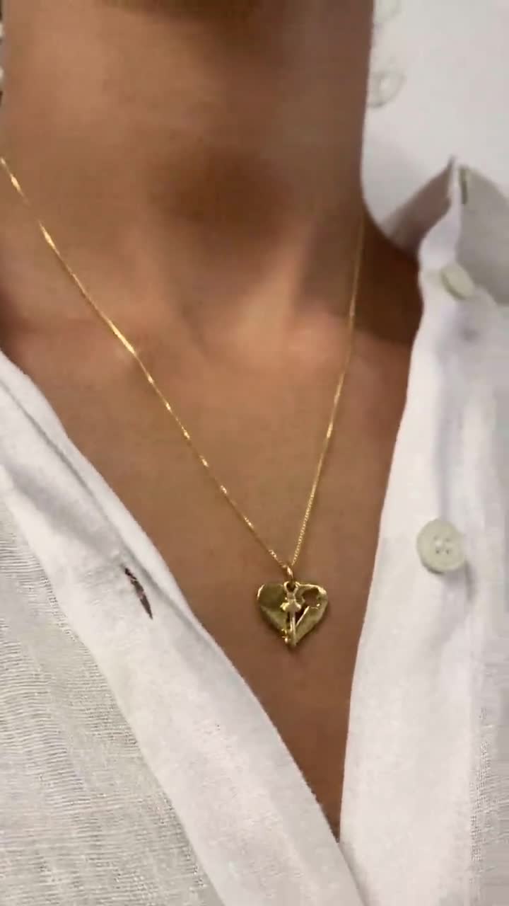 Gold Heart Key Pendant, Keyhole Heart Necklace, Vintage Key